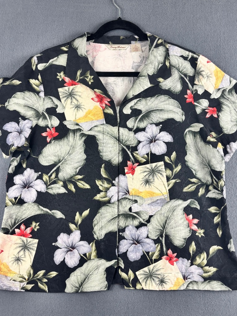 Tommy Bahama Tropical Floral Button Up Short Sleeve 100% Silk Shirt Size XL 16